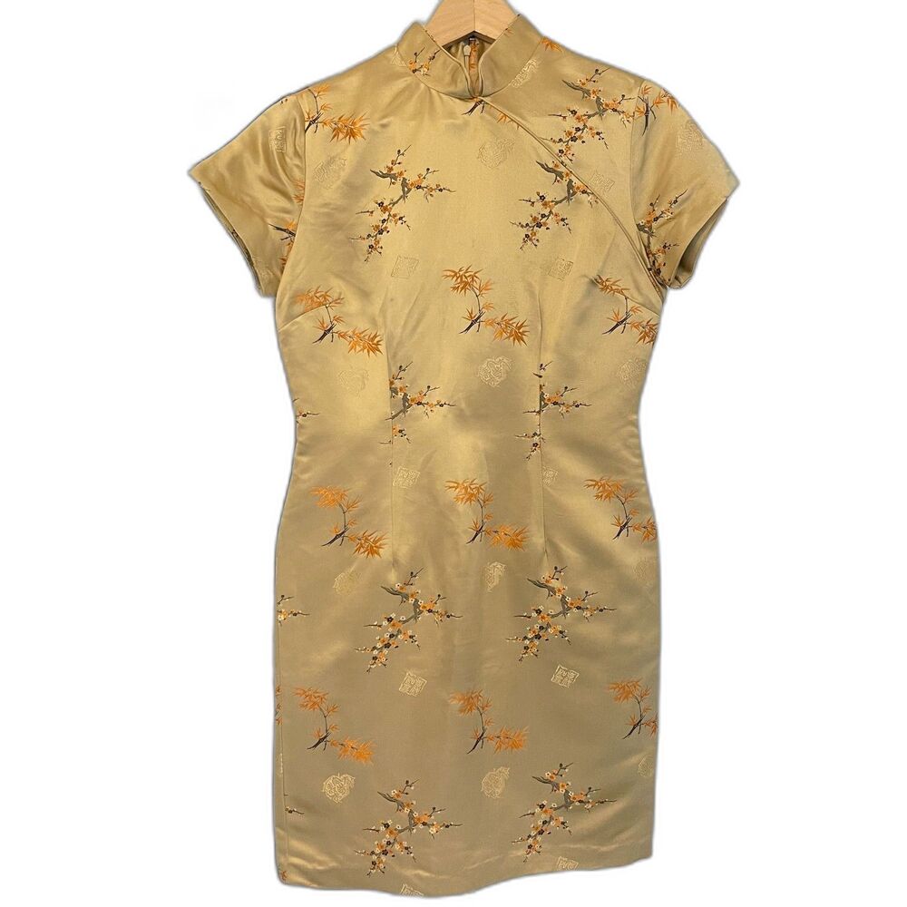 VTG Hugo Buscati Collection Gold Silk Cheongsam Floral Print Silk Blend Dress 8